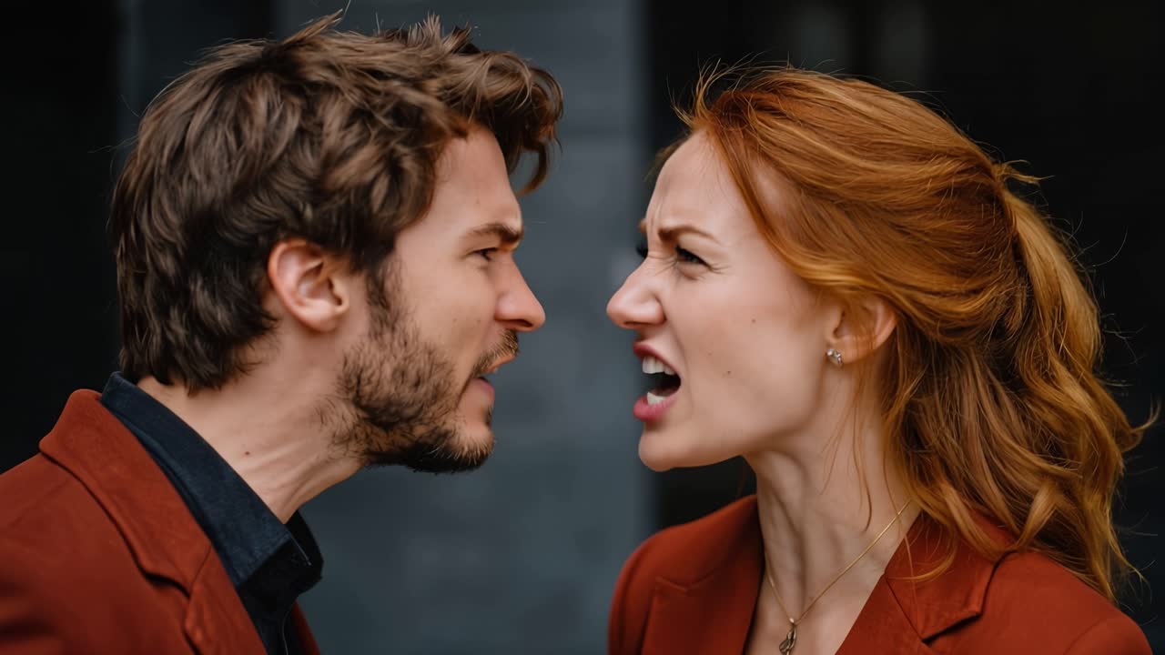 Intense moment between two people. They face each other, mouths open, eyes locked. Emotions rise-anger, passion, tension, confrontation. Clothes are coordinated in earthy tones