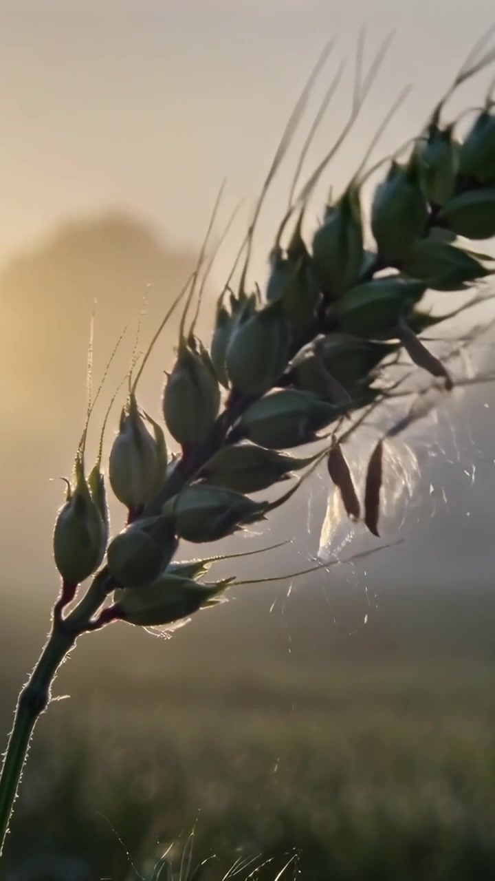 Video verticale: Spiga di grano singola che ondeggia, leggera brezza che rilascia un ciuffo in un campo nebbioso, seta scintillante.