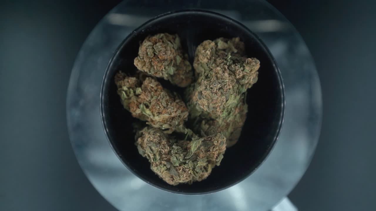 Grayish Green Dried Marijuana Buds view from above Shot, pile of dried marijuana plants in a shiny bowl, trichomes strains, on a reflecting rotating stand, studio lights, zoom in slow motion 120 fps