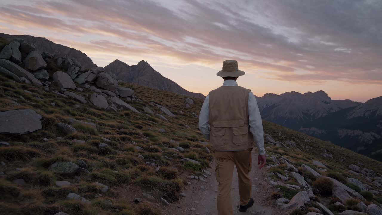 Individual in beige vest and hat walks along a winding mountain path, surrounded by rocky terrain and breathtaking peaks, capturing the essence of exploration and adventure