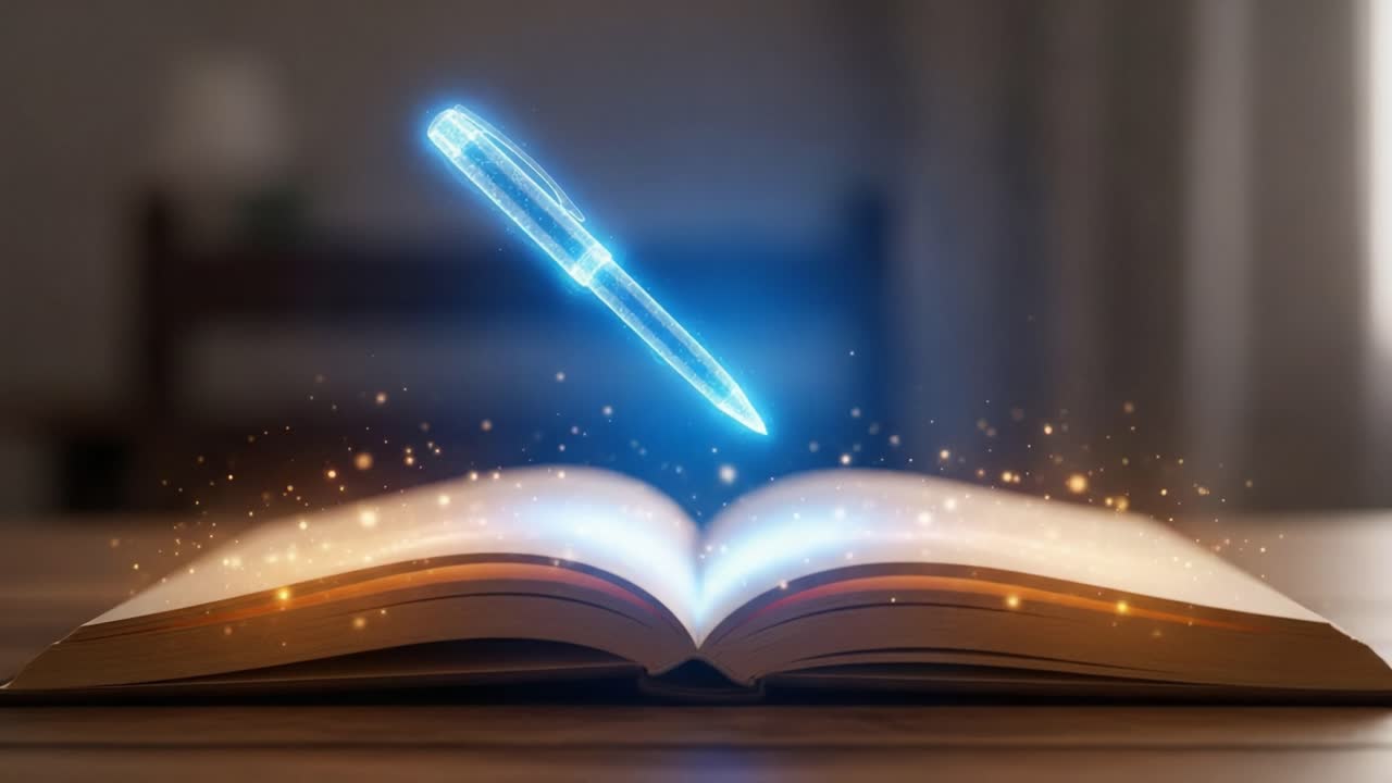 A Magical Experience of Writing: An Enchanted Pen Glides Above an Open Book, Summoning a World of Creativity and Imagination Through Visual Splendor
