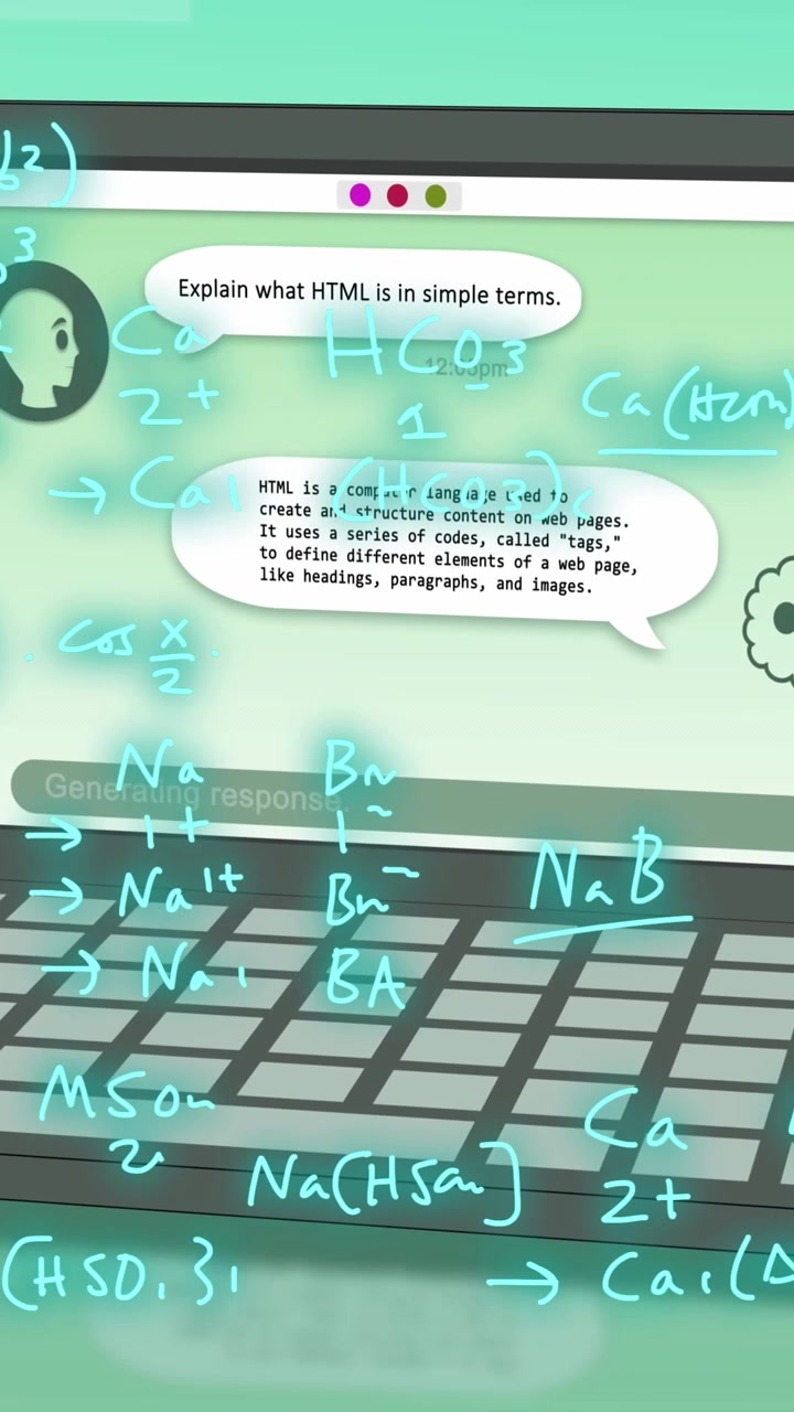 Animation von KI-Daten, mathematischen Gleichungen und Symbolen auf einem Laptop-Bildschirm auf grünem Hintergrund.