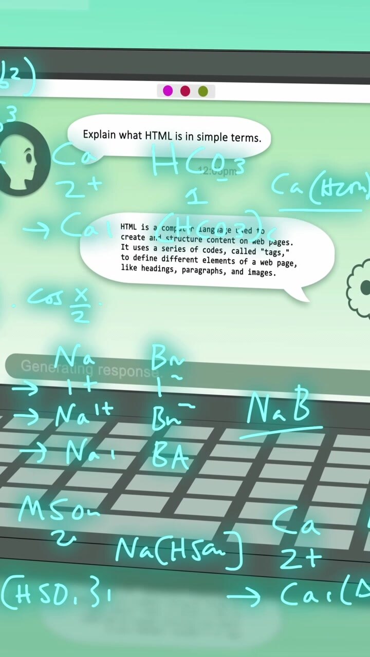 Animation of ai data, mathematical equations and icons on laptop screen on green background