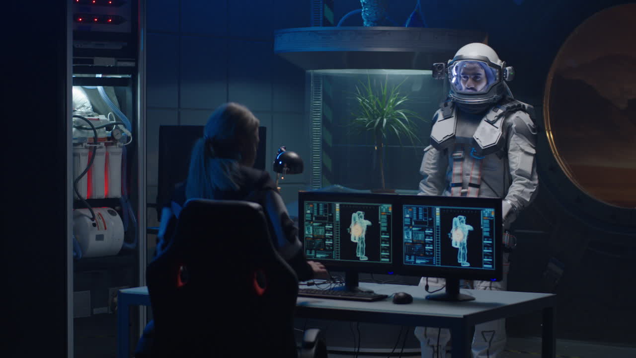 Astronauts and Scientists in a Futuristic Space Research Lab