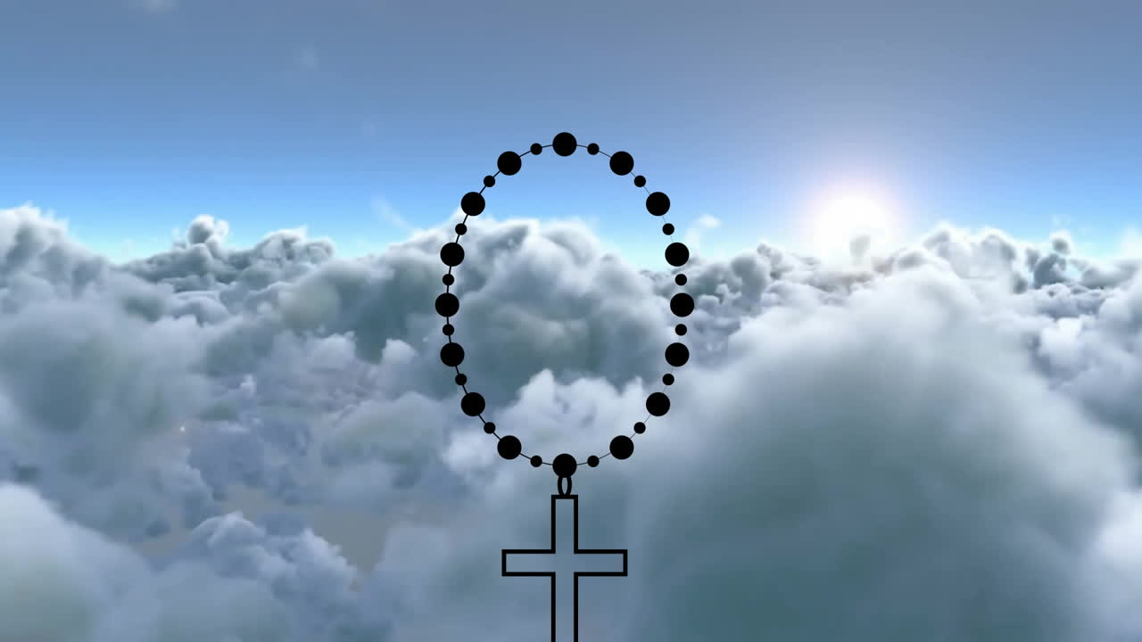 Rosary beads and cross animation over clouds and blue sky background