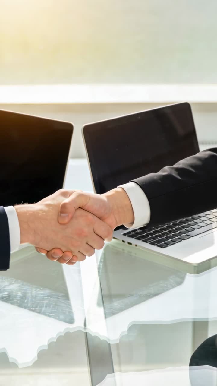 Due colleghi d'affari che si stringono la mano su un tavolo di vetro dopo un accordo, con i laptop che testimoniano una rotazione.