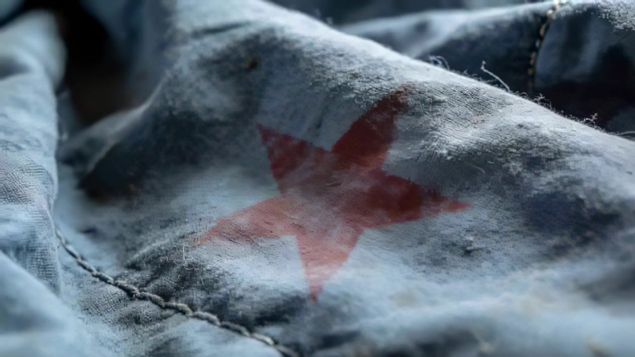 Shifting focus camera revealing worn light-blue fabric seam on table, highlighting faded red star