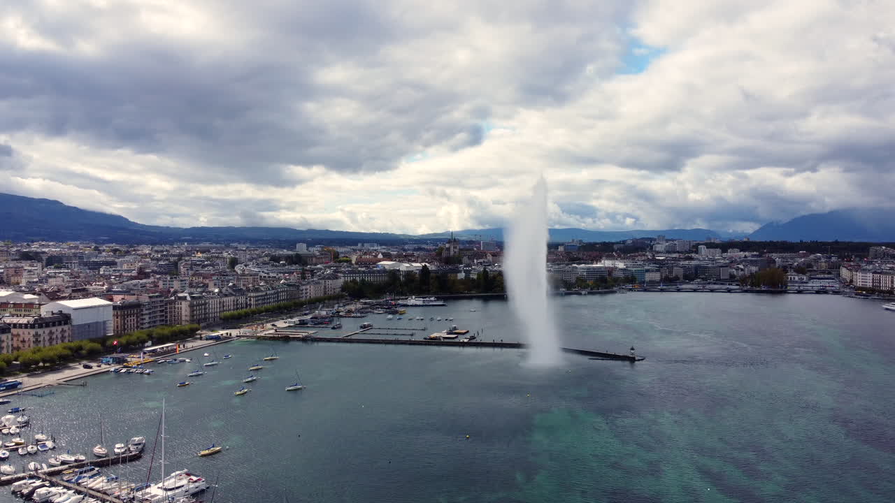 Establishing Aerial View of Lake Geneva and the Famous Fountain