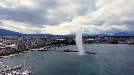 Establishing Aerial View of Lake Geneva and the Famous Fountain