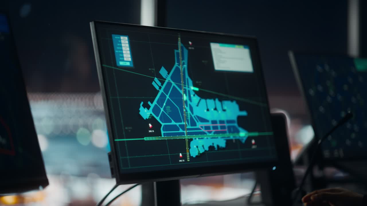 Close Up Portrait of Male Air Traffic Controller with Headset Talk on a Call in Airport Tower. Office Room is Full of Desktop Computer Displays with Navigation Screens, Airplane Flight Radar Data.