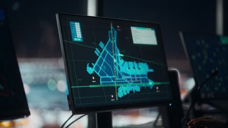 retrato de cerca de un controlador de tráfico aéreo con auriculares hablando en una llamada en la torre del aeropuerto. la habitación de la oficina está llena de pantallas de computadora de escritorio con pantallas de navegación, datos de radar de vuelo de avión.