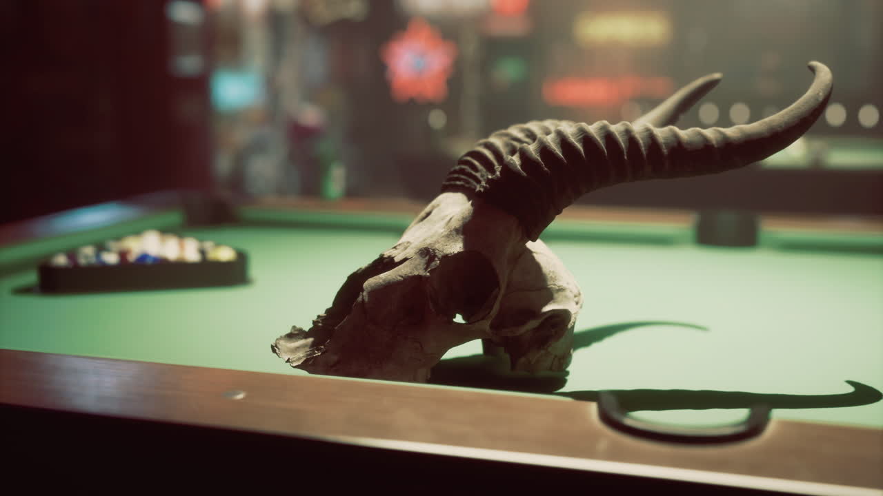 Decorative skull on green billiard table in dimly lit bar setting