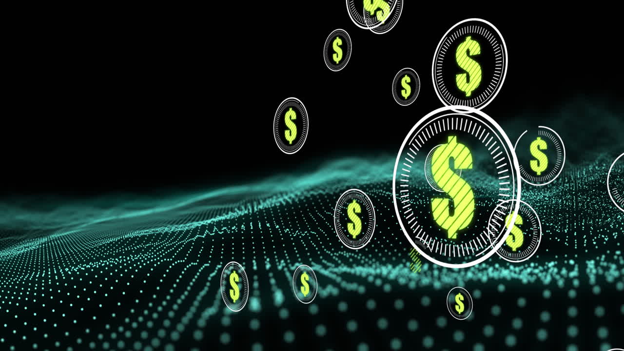 símbolo de dólar en múltiples escáneres redondos contra la onda digital verde en fondo negro