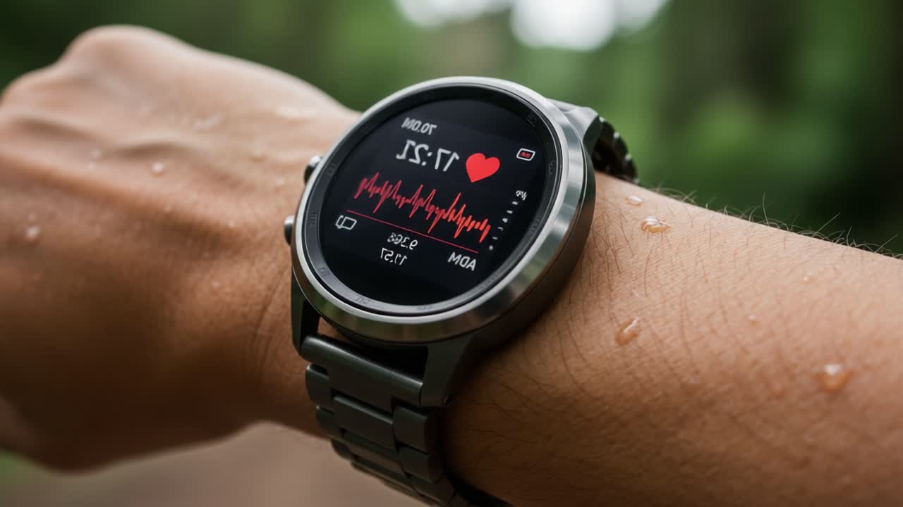 Monitoring Heart Rate and Activity Levels with a Smartwatch: A Close-Up View of Wearable Technology Tracking Health Metrics and Fitness Progress