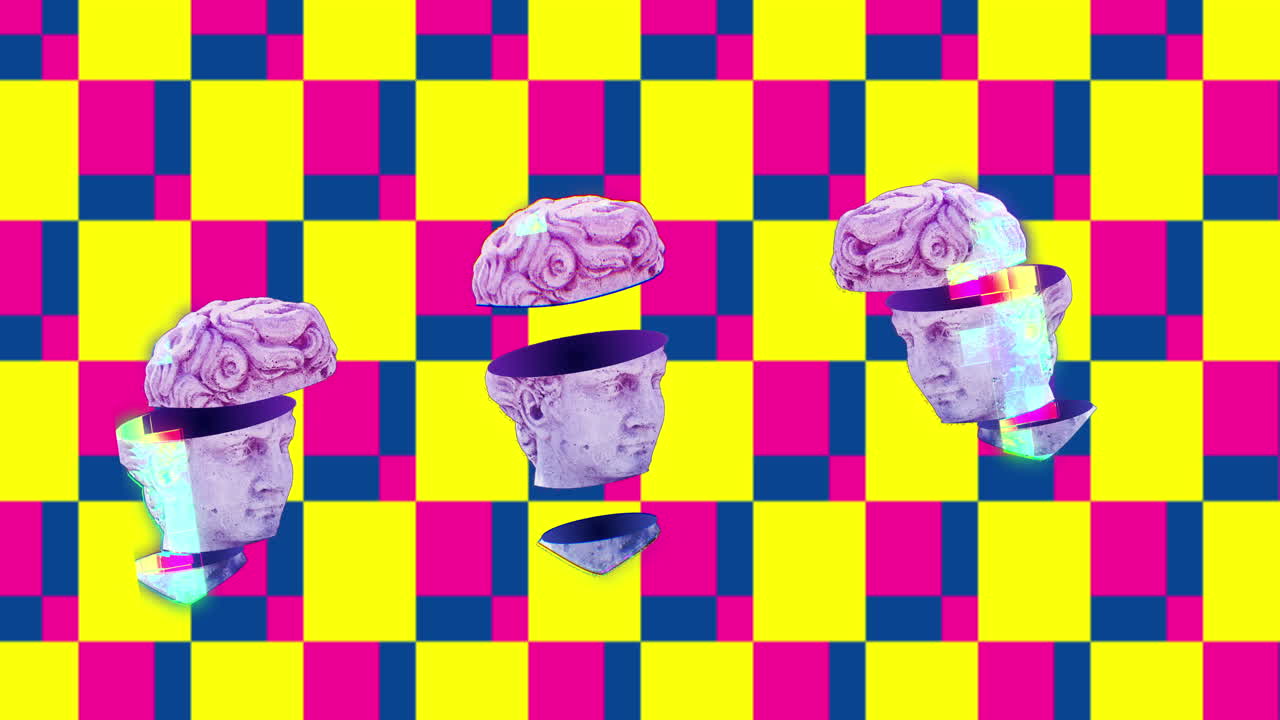 animación de tres esculturas de cabezas que brillan en un fondo de patrón cuadrado