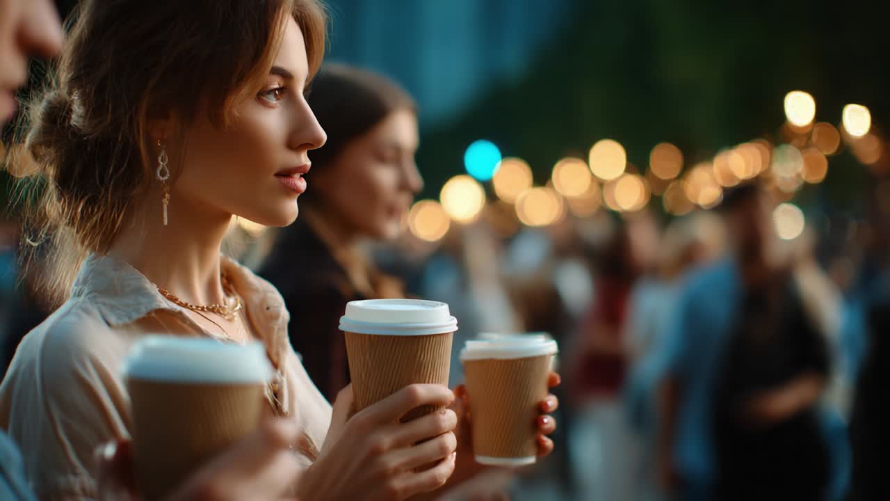 A group of people enjoying a vibrant outdoor gathering, holding warm beverages and surrounded by colorful lights, creating a cozy and inviting atmosphere amidst the bustling crowd