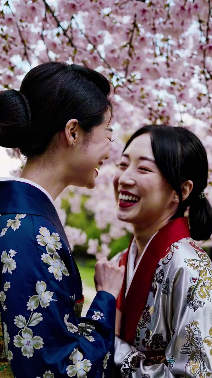 Two women in traditional attire smile under cherry blossoms. Shot from a low angle