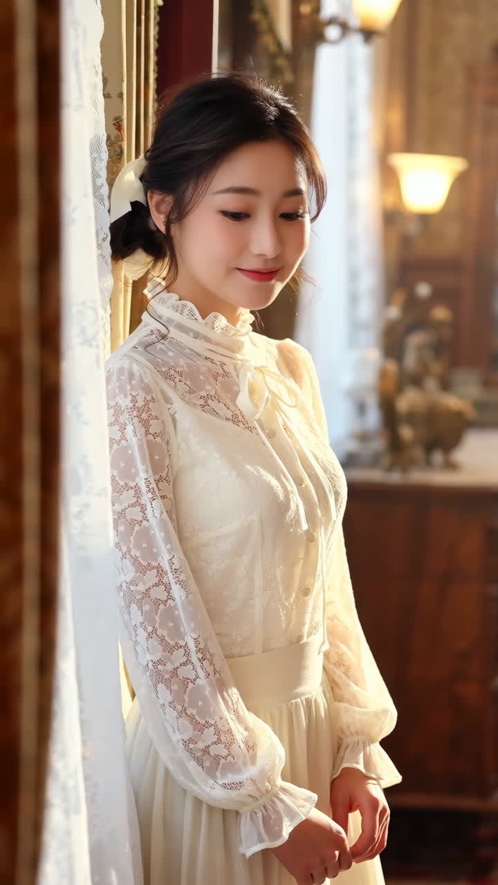 Elegant Woman in White Lace Dress