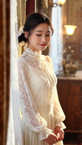 elegant woman in white lace dress