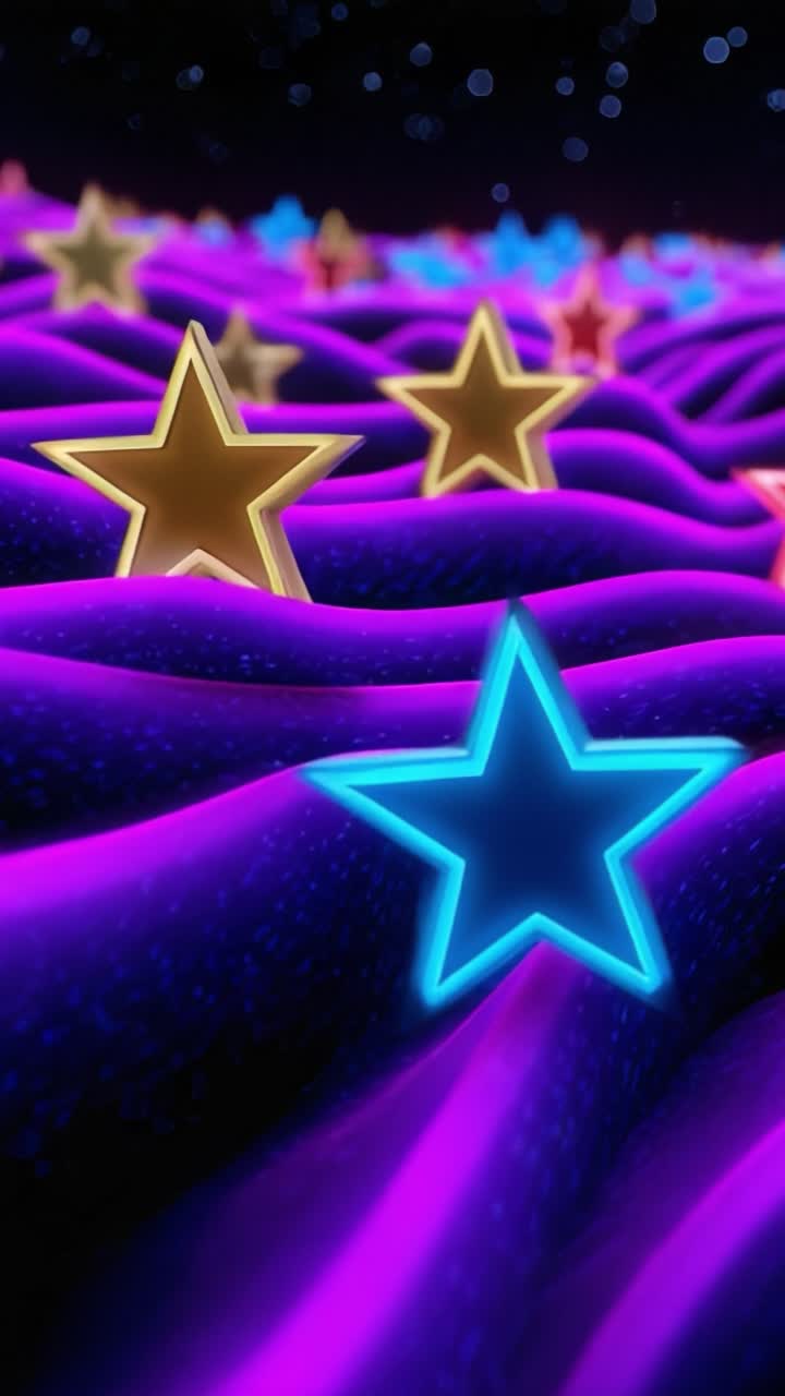 Un paesaggio astratto vibrante e ipnotizzante, pieno di stelle luminose e colorate sparse su una superficie dinamica e ondulata che assomiglia a onde di vivaci tonalità viola.