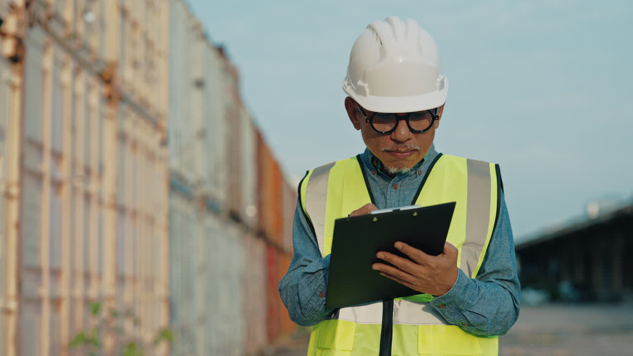 Port worker inspecting containers