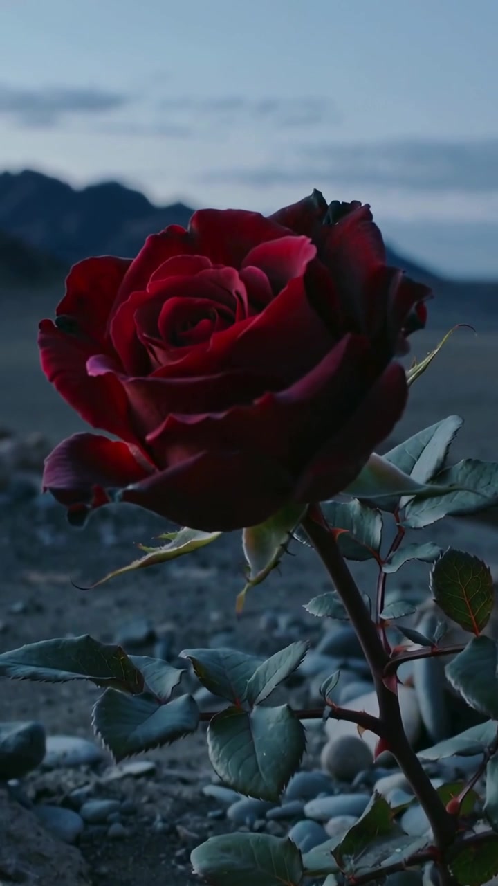 Video verticale: Telecamera che zooma rivelando una rosa rosso intenso tra i ciottoli su una pianura all'alba, mostrando la texture.