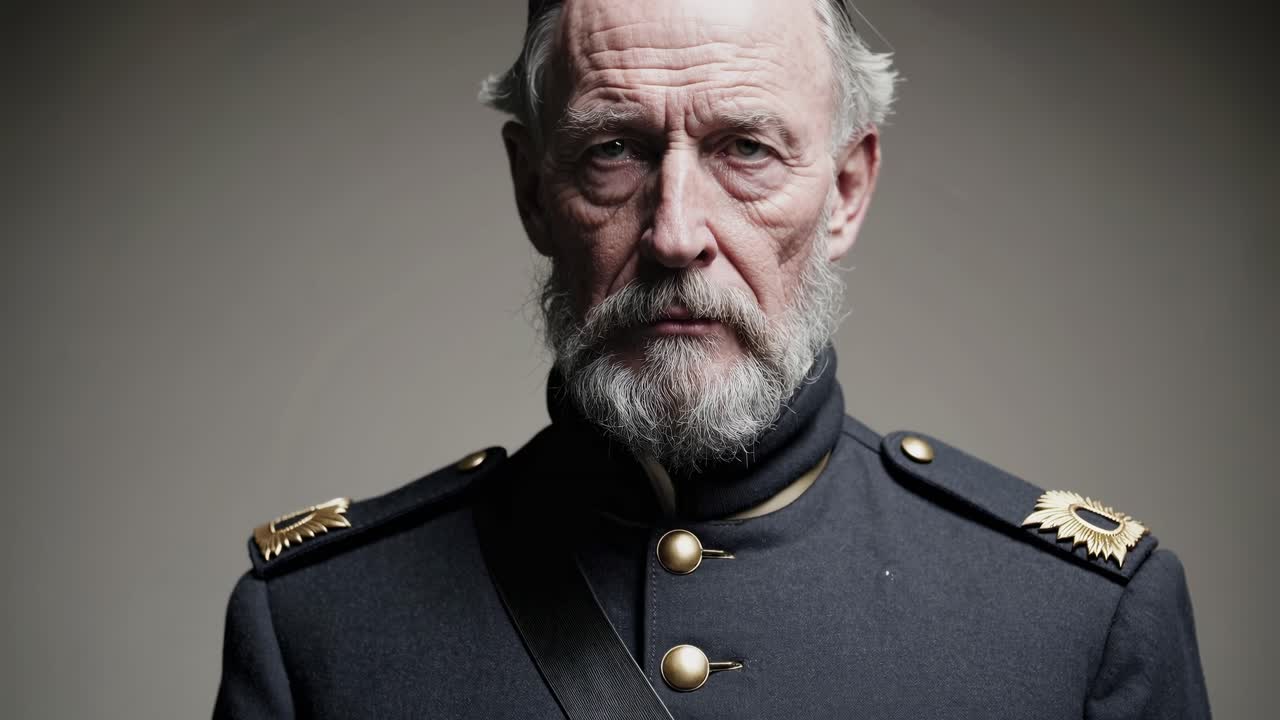 Portræt af en ældre mand i militærklæder, fotograferet fra en frontal engel