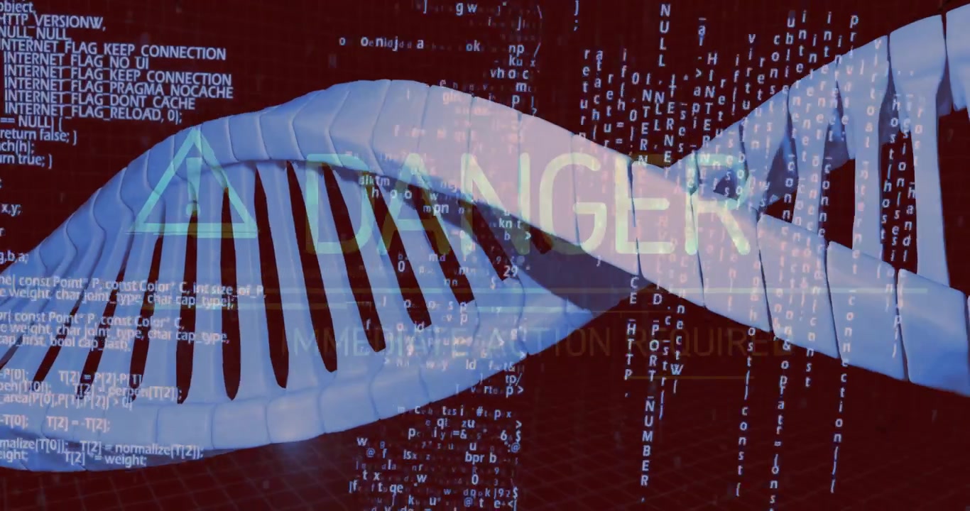 Rotating 3D DNA helix initiating code streams, fading warning icon and signaling DANGER alert