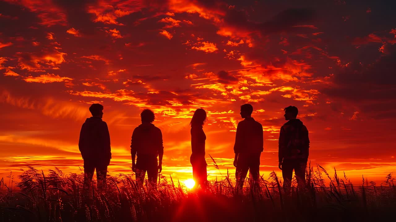 Friends watch sunset on a warm evening. Five friends stand in a line looking at the sunset. They enjoy the colors and warmth in the evening sky