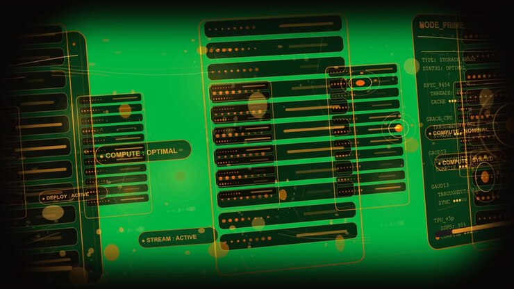 Startup pulse initiating HUD, panels and nodes shifting, lines mapping active flow on transparent