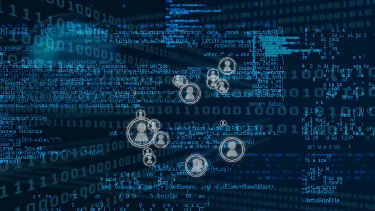 Animation of data processing and icons over black background
