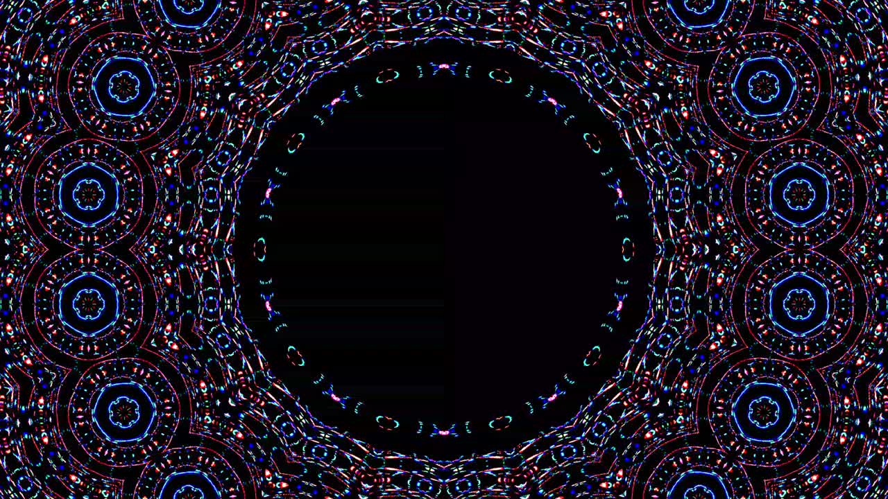 forma redonda animada de luces intermitentes multicolores, sobre un fondo negro