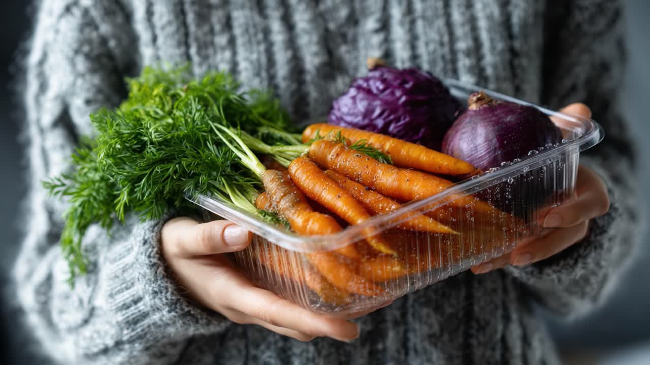 Freshly Harvested Vegetables in a Clear Container: A Close-Up of Carrots, Red Cabbage, and Purple Onions Held by a Person in a Cozy Sweater