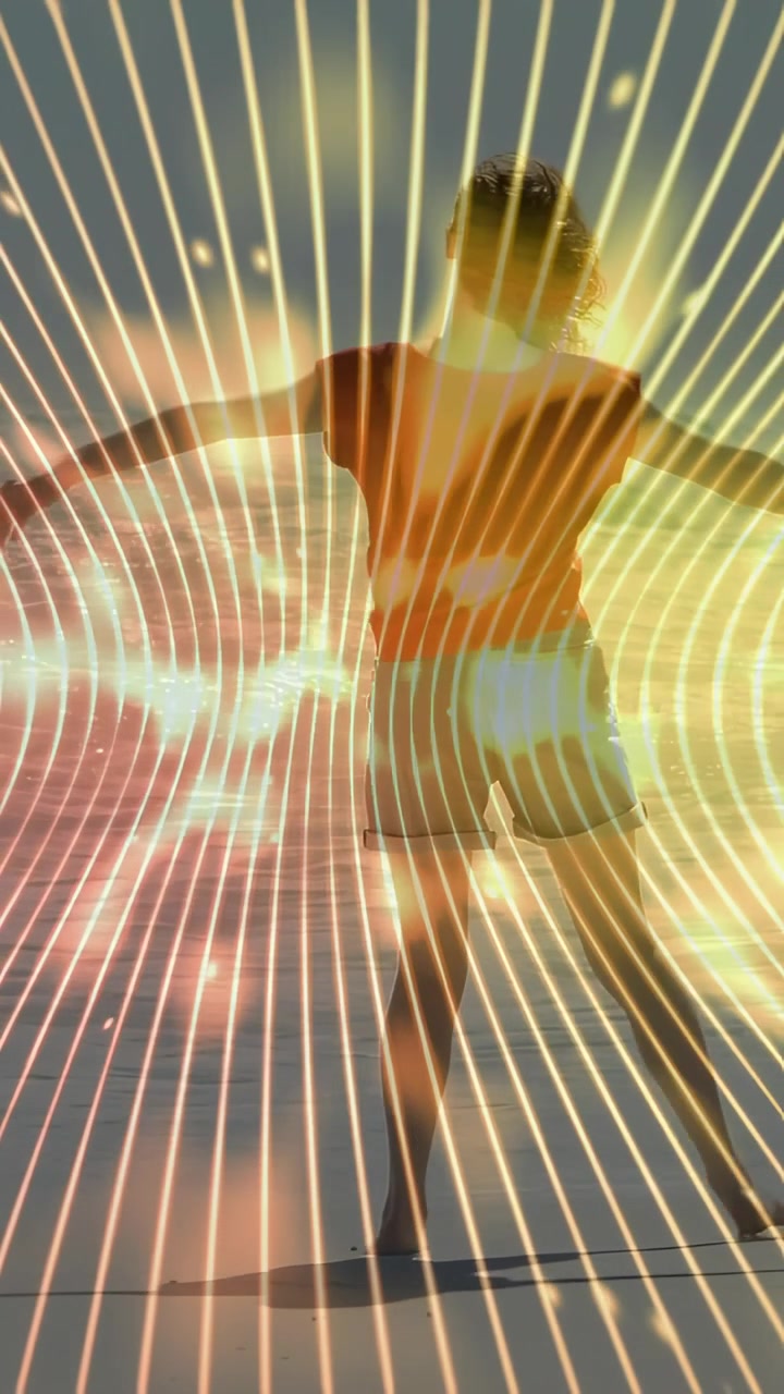 Vertical video: Walking woman in orange top shorts twirling on sand, sunlight casting flares