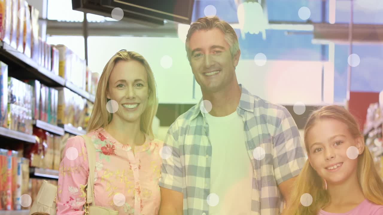 가게에서 행복한 백인 가족에 대한 스 ⁇ 의 애니메이션