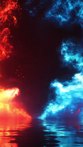 two flames, one red and one blue, with a body of water in the background. the colors of the flames and the water create a sense of contrast and harmony