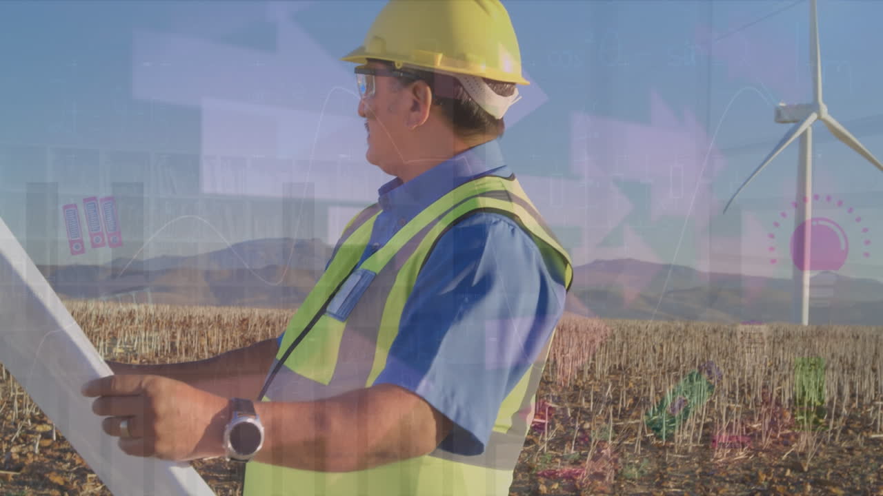 animación de gráficos y flechas sobre trabajador masculino caucásico con planes y campo con turbina eólica