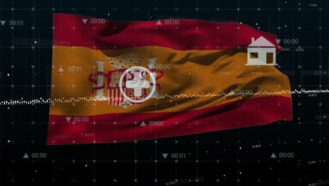 animation of financial data processing over flag of spain