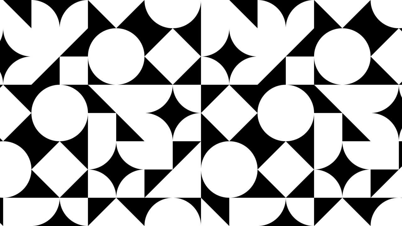 Geometric pattern with animated tiles in black and white colors. Simple motion graphic loop animation in flat retro style