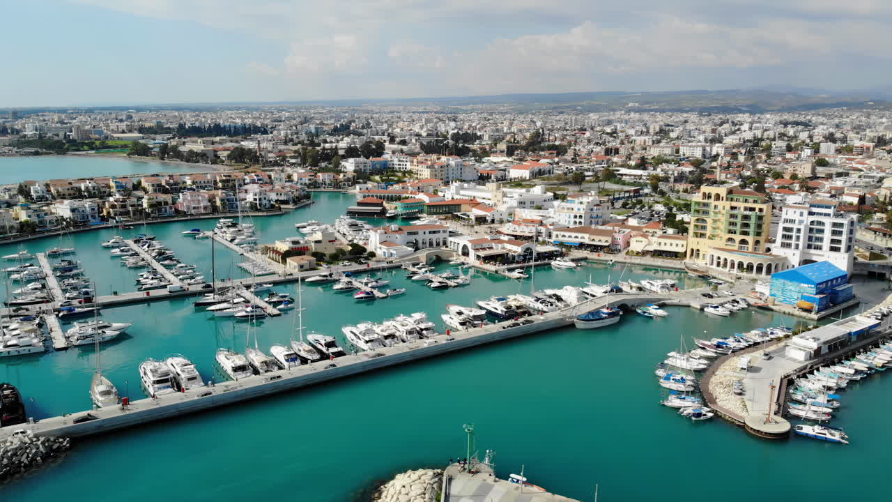 Aerial drone view of boats docked in the Limassol Marina in Cyprus