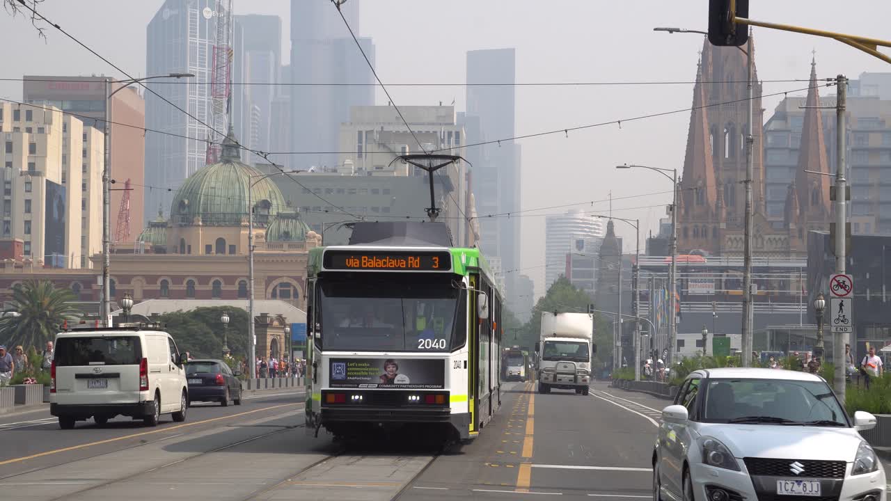 Melbourne public transport travels through thick smoke as a result of the Australian bushfire crisis.