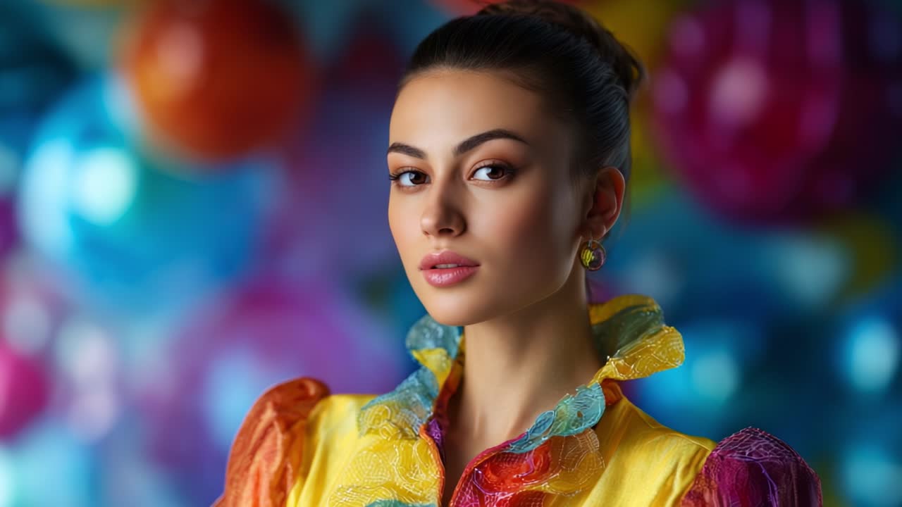 Ritratto di moda colorato di una giovane donna con un abito vivace su uno sfondo luminoso e allegro con bolle e decorazioni per feste