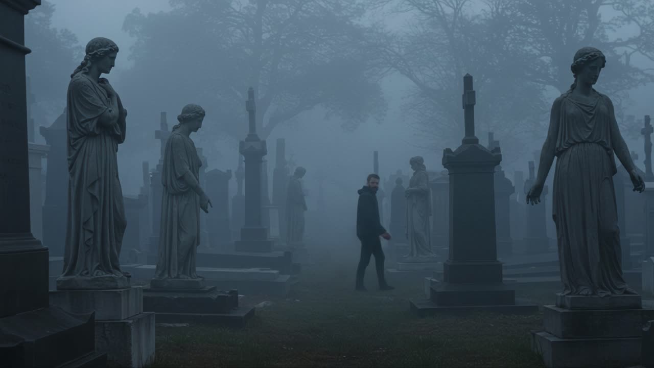 A Solemn Stroll Through the Misty Graveyard: Exploring Shadows and Silence Amidst Statuesque Monuments in a Hauntingly Atmospheric Setting