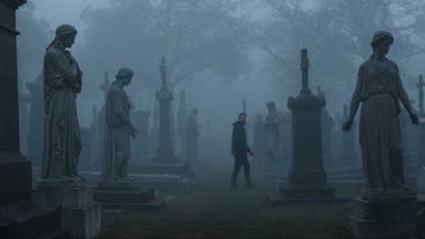 a solemn stroll through the misty graveyard: exploring shadows and silence amidst statuesque monuments in a hauntingly atmospheric setting