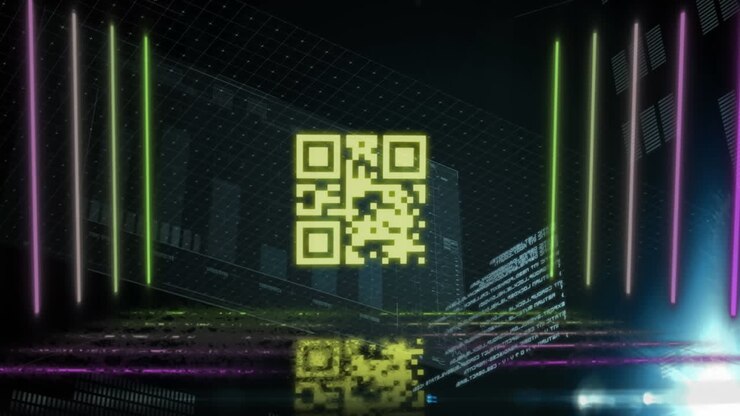 Digital animation of neon yellow qr code and glowing lines over data processing on blue background