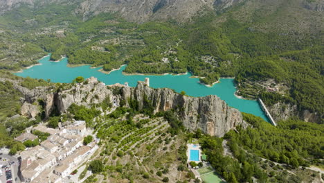 aerial view of a mountainous town by a turquoise lake