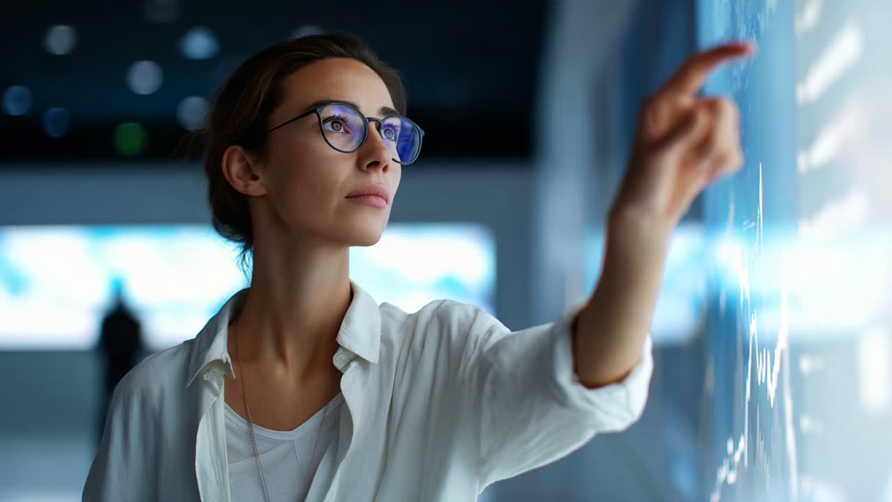 A Young Professional in a High-Tech Environment Analyzing Data Trends on a Transparent Screen, Emphasizing her Focus and Engagement with Digital Information Showcasing Advanced Technology