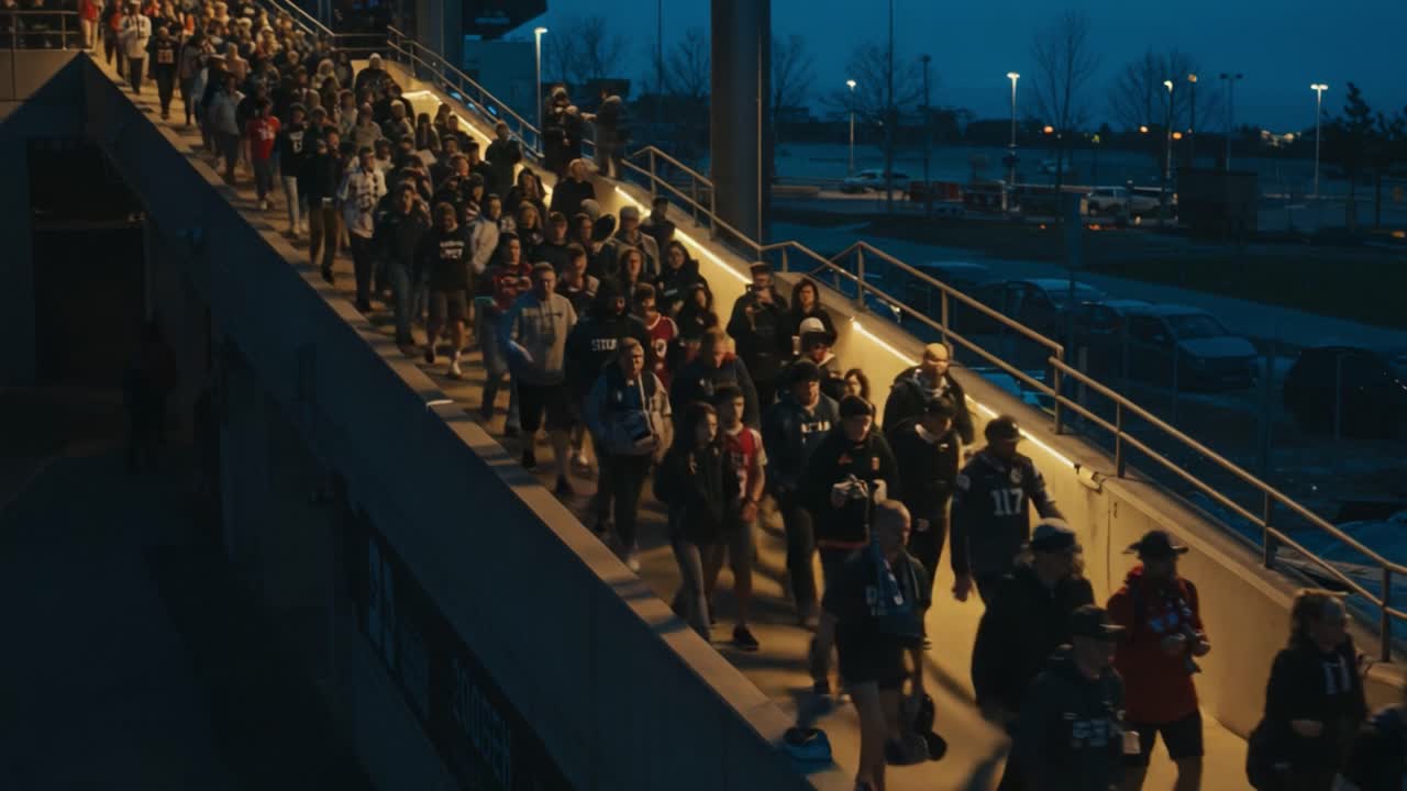 A large crowd of fans descends the stadium stairs wearing jerseys and team colors as they leave the venue, showcasing excitement and camaraderie after the event ends