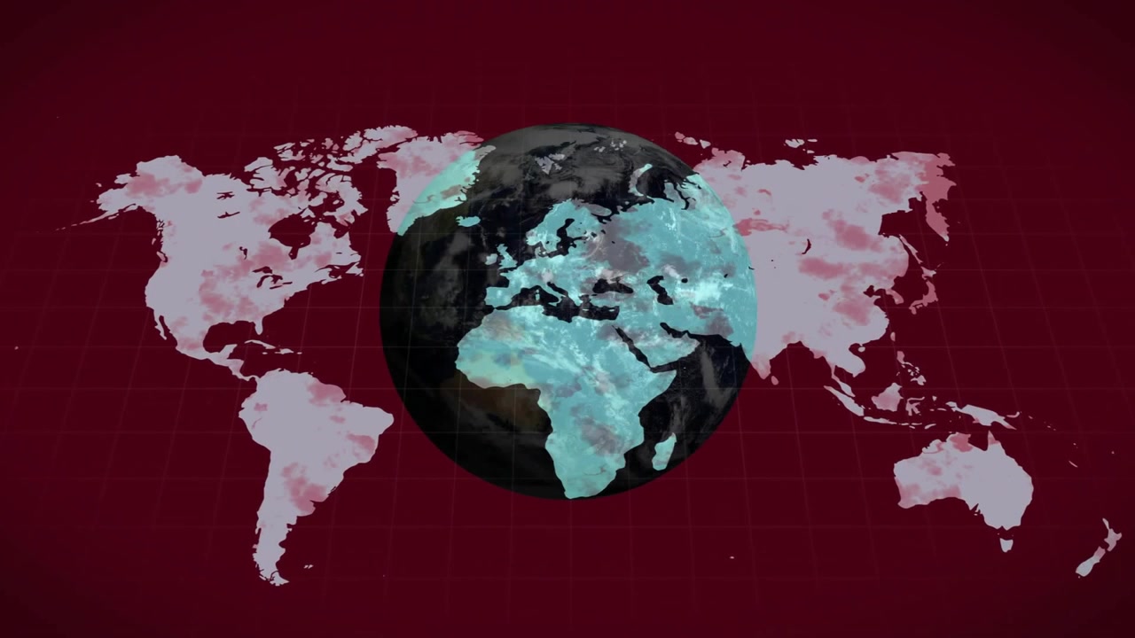 Marker pulsing initiating data overlays showing global patterns across rotating globe and flat map