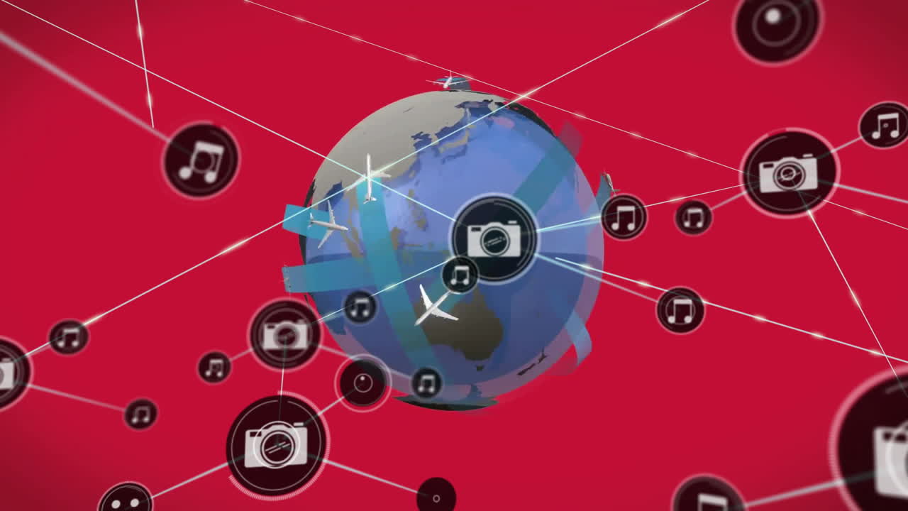 빨간색 배경에 전 세계에 있는 아이콘을 가진 연결 네트워크의 애니메이션